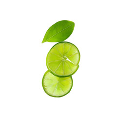Set of green lime slices with leaf flying isolated on transparent background.