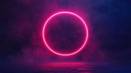Fototapeta premium A glowing pink circle surrounded by dark, mystical hues, creating an ethereal atmosphere over a smooth surface.