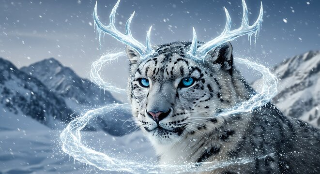 A majestic fantasy snow leopard with glowing blue eyes, icy antlers, and swirling magical energy in a snowy mountain landscape.