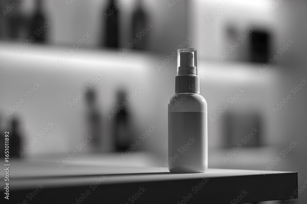 Poster simple spray bottle on a sleek surface with blurred background in a modern spa setting