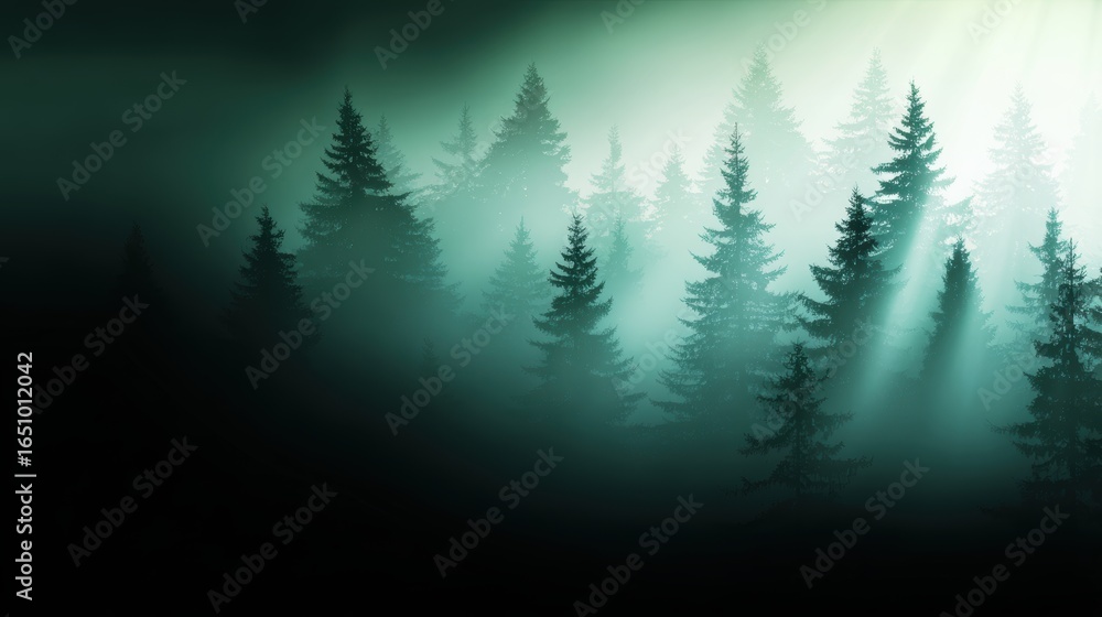 Poster ethereal forest scene with mist and sunlight filtering through tall pine trees, creating a mystical 