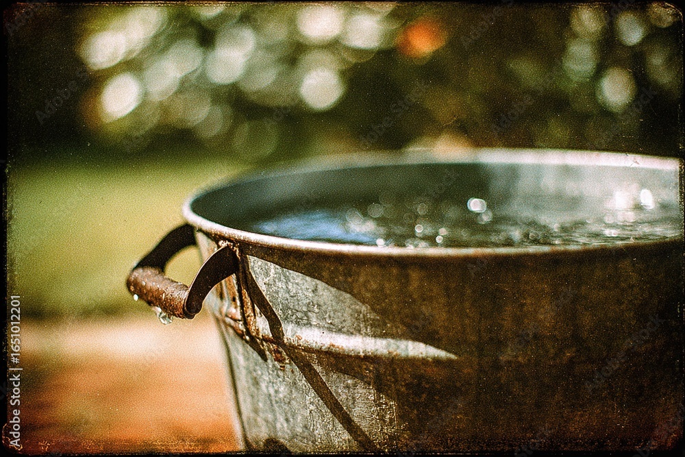 Poster water splashes from a rusty bucket under sunlight in a rustic garden setting during afternoon hours