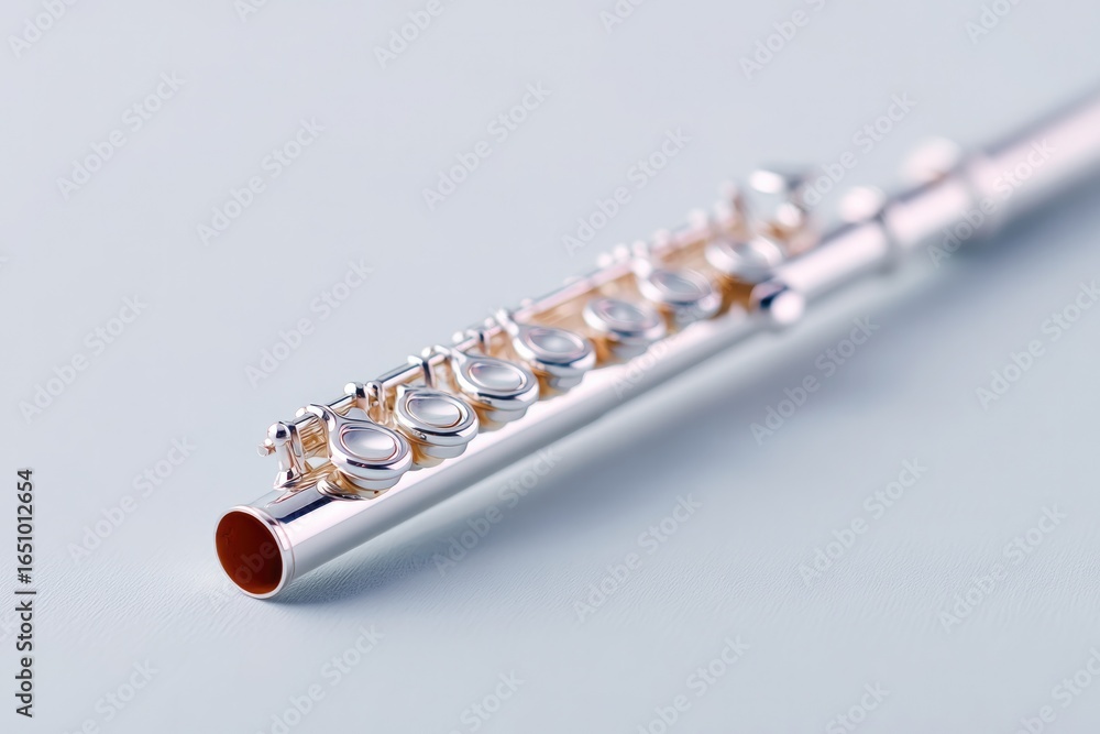 Poster shiny flute close-up showcases intricate keys and elegant design