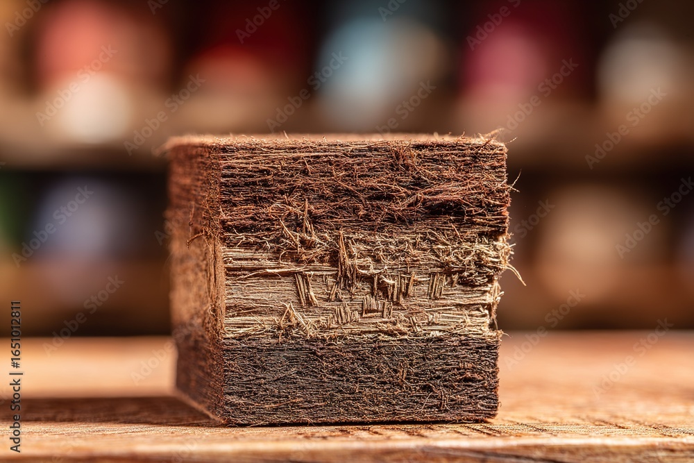 Poster detailed close-up of a textured wooden block showcasing natural patterns in a workshop setting