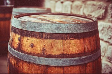 Rustic wooden barrels showcase craftsmanship at a historic location during the afternoon