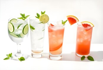 Refreshing red strawberry and citrus lime cocktails with ice and a green straw in a glass