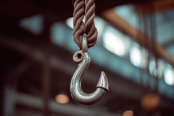 Metal hook suspended by rope in a rustic industrial setting with soft lighting
