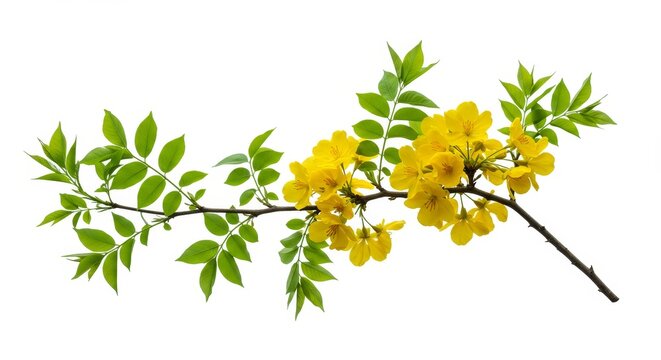 Yellow Flower Branch Isolated on White - Vibrant yellow flowers and green leaves on a branch, isolated against a white background. Perfect for spring or nature themed designs