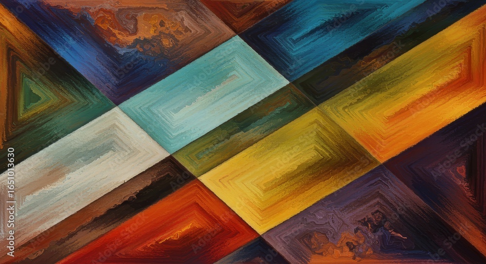Poster Abstract Geometric Color Block Painting - Vibrant abstract artwork featuring a geometric pattern of colorful rectangles and triangles, creating a dynamic and visually engaging composition