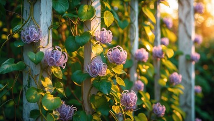 Vivid purple roses and green leaves climbing a wooden fence illuminated by warm sunlight. Nature and garden setting. Floral and botanical theme.