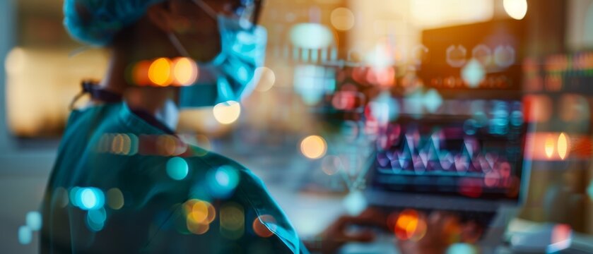 A healthcare professional in scrubs uses a laptop, surrounded by colorful data visualizations, highlighting a blend of technology and medicine.