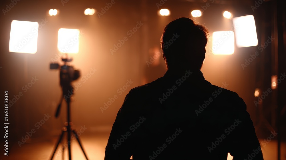 Poster silhouette of a person in front of studio lights, preparing for a photoshoot with a camera setup