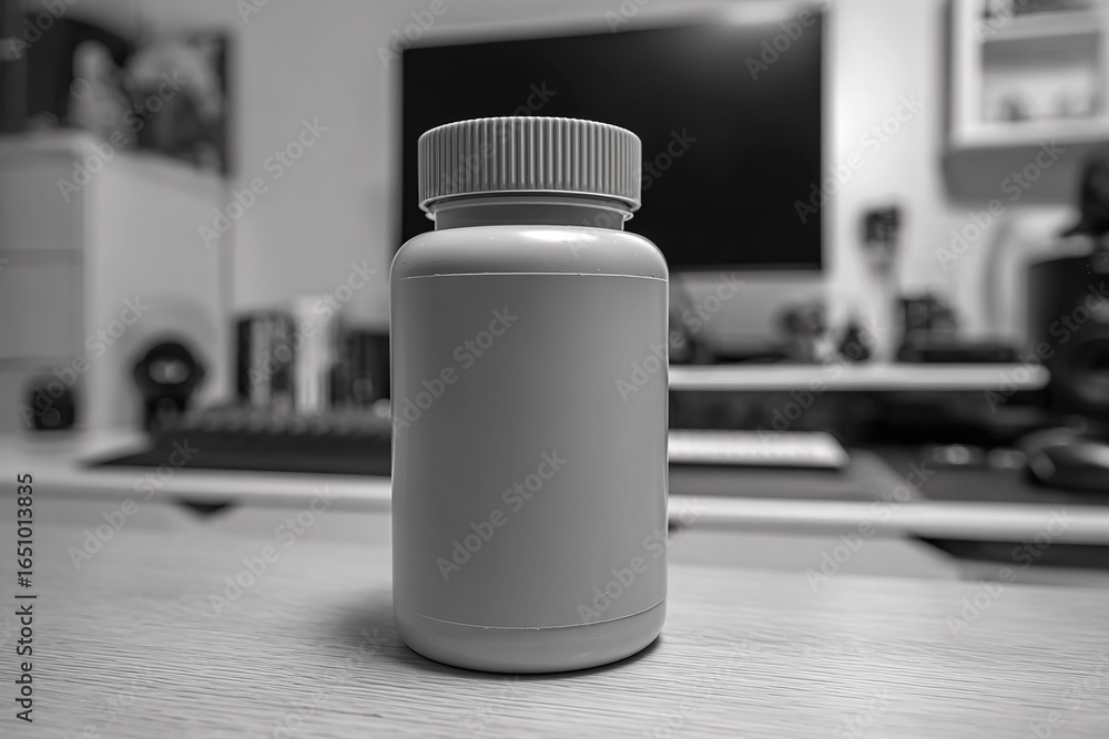 Poster white plastic bottle on a desk in a modern workspace setting with a computer in the background durin