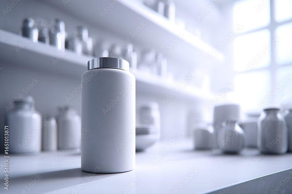 Poster white container stands alone on a shelf in a softly lit room filled with various jars and bottles