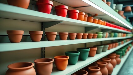 Naklejka premium Rows of colorful flower pots on shelves in a store.