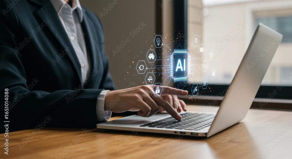 Poster ai technology business solutions - person using laptop with ai interface, showcasing technology solu