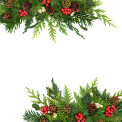 Traditional winter Christmas nature border background with green red flora of holly, mistletoe berries, ivy, fir, pine cones. Festive Xmas design for holiday season.