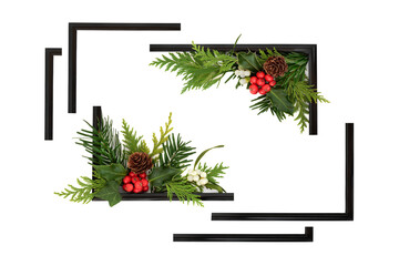 Abstract festive Christmas black split frame with holly, fir, mistletoe on white. Minimal natural winter green flora with red berries. Seasonal design, holiday greeting card.