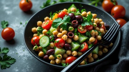 Colorful chickpea salad with cherry tomatoes, cucumber, black olives, and herbs on a black plate. Fresh ingredients and healthy food concept.