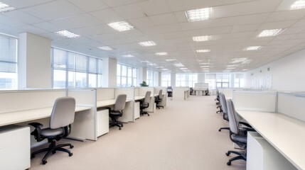 Fototapeta premium Spacious modern office interior with empty cubicles, bright lighting, and large windows showcasing the city