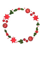 Christmas red bauble flora wreath, holly, red berries, ivy leaves on white. Festive minimal abstract design for winter Xmas holiday season.