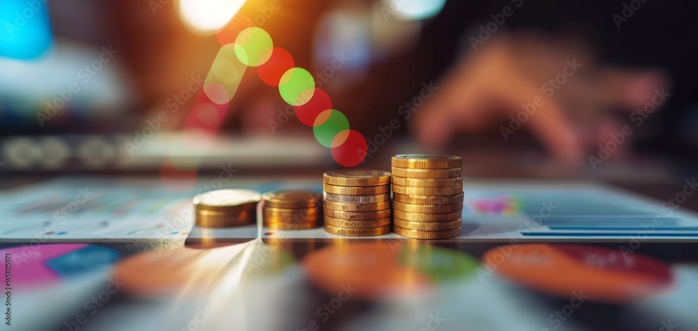Poster a close-up of stacked coins with a blurred upward trend graph in the background, symbolizing financi