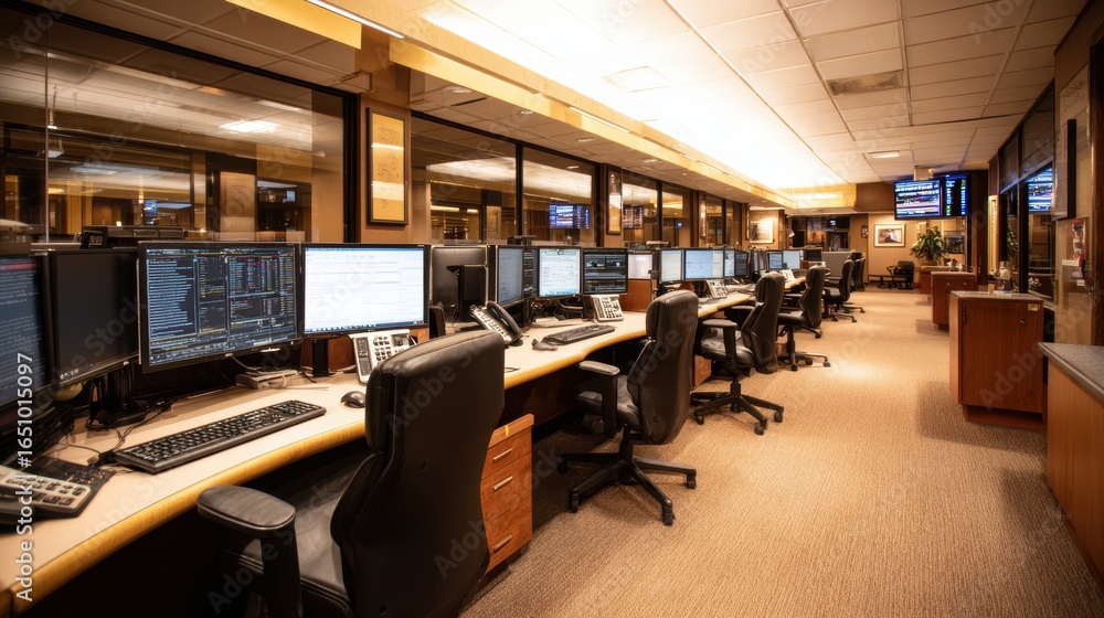 Poster a busy trading floor with multiple computer screens displaying market data in a modern office enviro