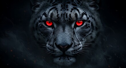 Majestic snow leopard portrait with glowing red eyes, dark background.