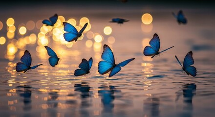 Blue Butterflies Over Water at Sunset - Many blue butterflies fly over calm water at sunset with golden bokeh lights in the background