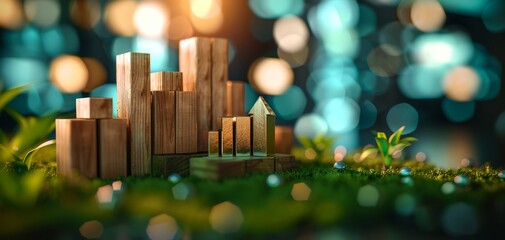 A vibrant arrangement of wooden blocks in varying heights, symbolizing growth, set against a colorful, blurred background with green accents.