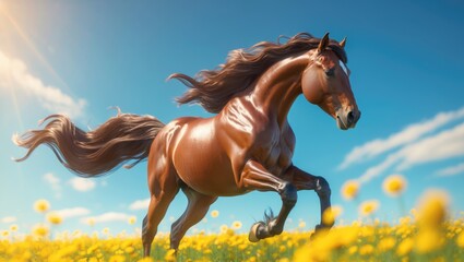 Obraz premium A brown horse running through a yellow flower field under a blue sky with clouds.