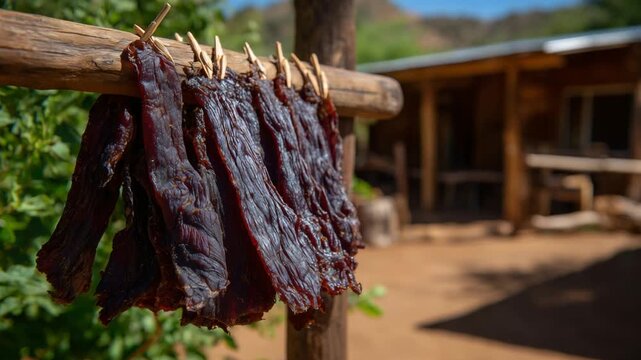 Experience the traditional art of handcrafted beef jerky drying on a rustic wooden rack under the sun in a rural farm setting.