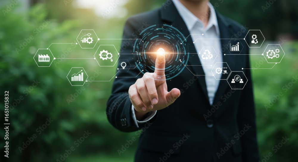Poster businessperson using futuristic interface - a businessperson interacts with a holographic interface 
