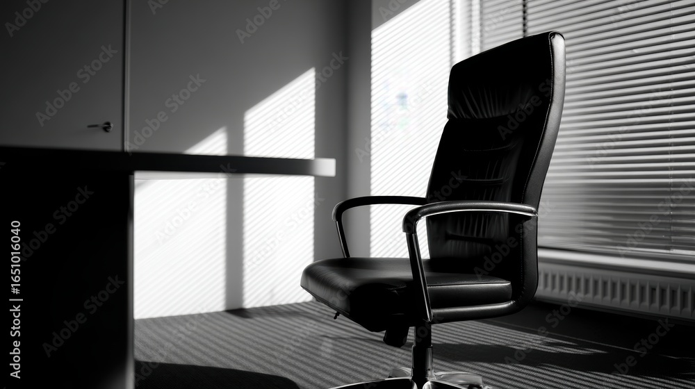 Poster empty black office chair positioned in a sunlit room with shadows creating patterns on the floor