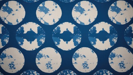 A pattern of circular shapes with distressed textures in blue and beige tones.