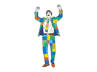 Excited Business Man: A vector illustration of an exuberant businessman in a colorful suit celebrating a milestone or achieving success, his arms raised in victory.