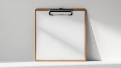 Empty whiteboard mounted on a wooden frame, placed on a white surface with a shadow cast on the wall behind.