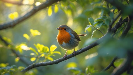A small bird perched on a tree branch amidst green leaves with sunlight filtering through.