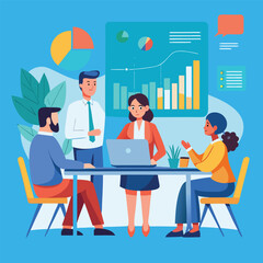 Business Team Meeting and Data Analysis – Office People Discussing Project Strategy with Charts and Laptop Illustration