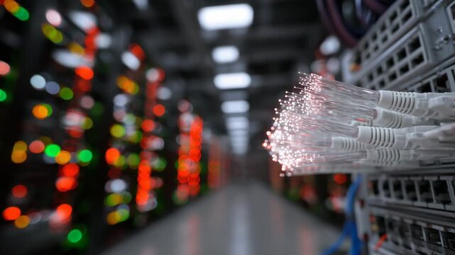 Close-up of glowing fiber optic cables in a telecommunication patch panel, surrounded by server units with blinking LEDs.