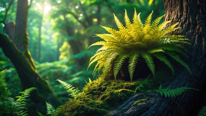 A lush green fern growing on a moss-covered tree trunk in a dense forest with sunlight filtering through the canopy.