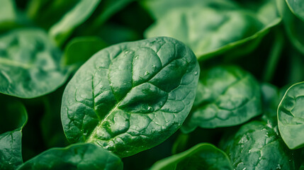 Close-up of Fresh Spinach Leaves with Water Droplets