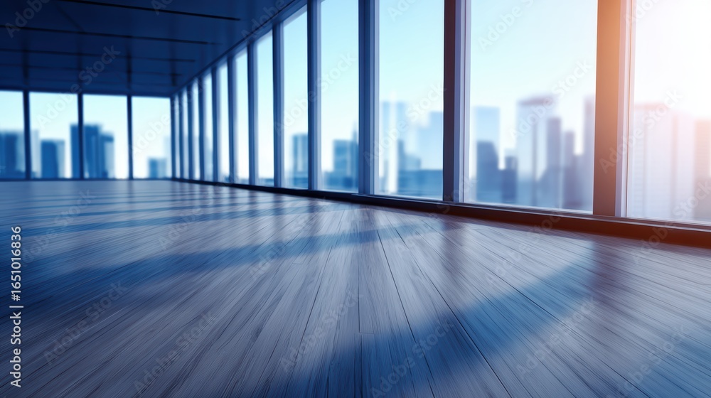 Poster modern empty office space with large windows showcasing a city skyline and soft sunlight illuminatin