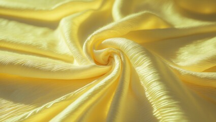 Yellow satin fabric with a twisted center, showcasing smooth, shiny, and luxurious texture.