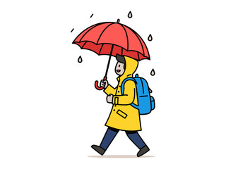 Joyful walk in rain: A cheerful figure, shielded by a vibrant red umbrella, strides confidently through a gentle rain, their yellow raincoat and backpack adding a splash of color to the scene.