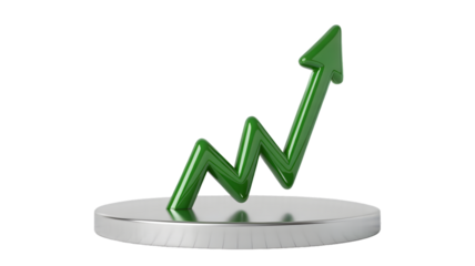 A green arrow pointing upwards on a silver platform against a black studio background image render