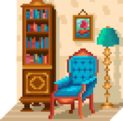corner interior with chair and desk pixel art style illustration
