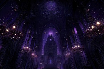 A dark, majestic cathedral-like interior, filled with glowing lights and starry patterns