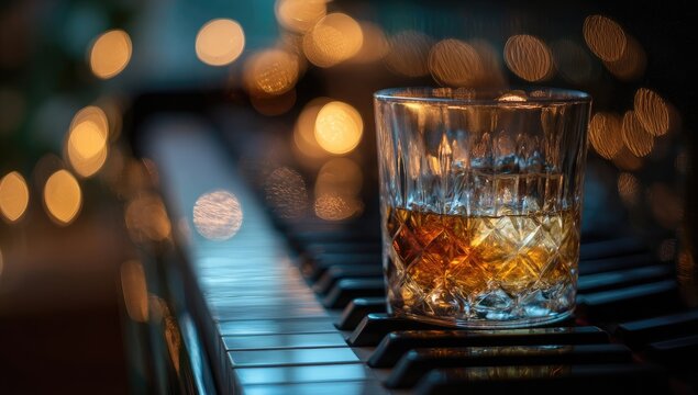 A whiskey glass sits on a piano keyboard, with a blurred background of holiday lights