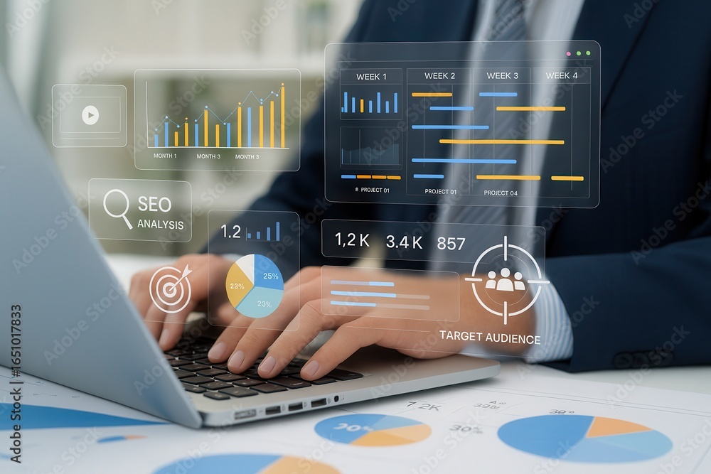 Poster businessman working on laptop with virtual dashboard graphics,seo analysis,analytics report,data vis